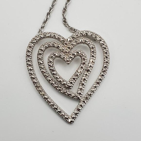 Sterling Silver Triple Heart Marcasite Accent Pendant on 17" Rope Chain Necklace - Picture 3 of 6